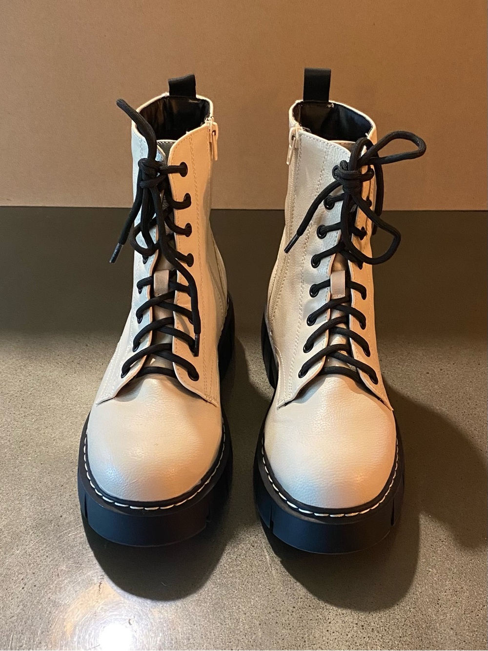 UNIONBAY Cream Lace-Up Platform Combat Boots with Black Sole